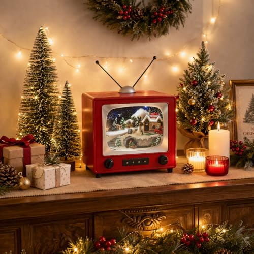 MOMENTS IN TIME 6" H Red Retro TV with Mountain Scene (Animated Train) - LED Lights - 8 Classic Carols Christmas Music - Battery Operated - Hand-Painted Resin Polyresin Injection Plastic