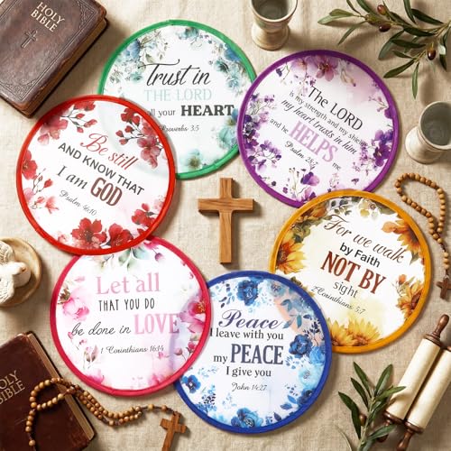 Gejoy 24 Pcs Christian Church Foldable Fan Style Christian Scripture Flower Handheld Round Folding Flying Disc for Women Man Daily Use Festival Wedding Party Favors Decorations Portable, 8 Style