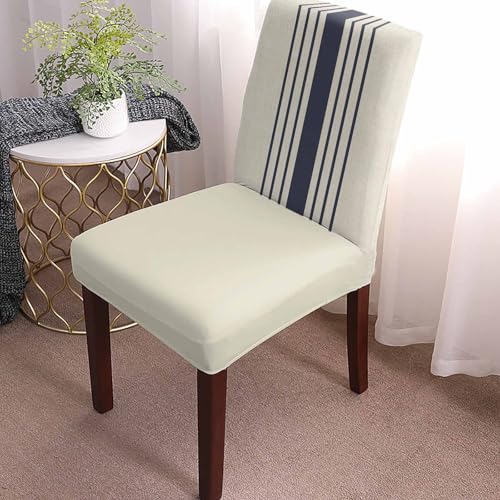 Savannan Chair Covers Set of 4, Modern Navy Blue White Stripe Removable Stretchable Parsons Chair Slipcovers Protector for Kitchen Dining Room Retro Linen Texture