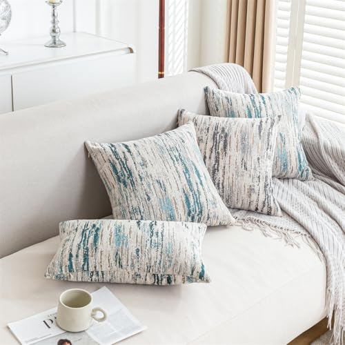 Chenille & Jacquard Pillow Covers 18x18 Inch Set of 2 - Textured Coastal Stripe Decor | Luxury Sofa Bed Cushion Covers in Seaside Beige & Teal Ombre (Oceanic Hues Collection)
