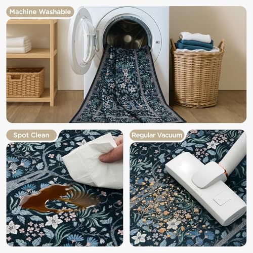 Joydeco Machine Washable Area Rugs 5x7, Boho Floral Rug for Bedroom Non Slip, Soft Forest Botanical Low-Pile Floor Indoor Throw Carpet for Living Dining Room Dorm Office, Black