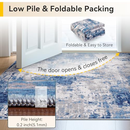 RELEANY Washable Area Rugs 5'x7' Non-Slip Modern Abstract Soft for Living Room Entryway Bedroom Kitchen, Print Pattern, Blue Grey Navy Gray
