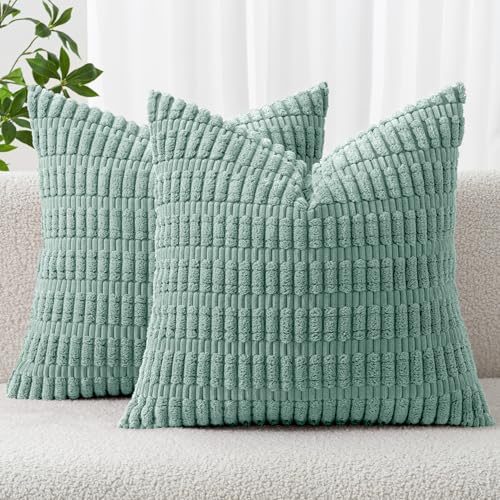MIULEE Corduroy Decorative Throw Pillow Covers 18x18 Teal Green Pack of 2