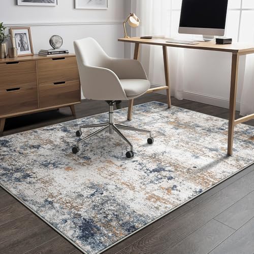 Washable 4x6 Area Rug, Blue Rust Abstract Non-Slip for Office, Entryway