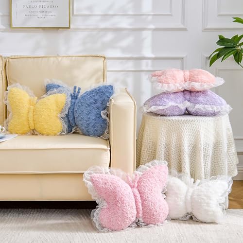XVTRU Butterfly Pillow White Decorative Pillows 15" Butterfly Shaped Cute Throw Pillows with Lace Aesthetic Bow Plush Cushion for Room Decor Bed Sofa Couch