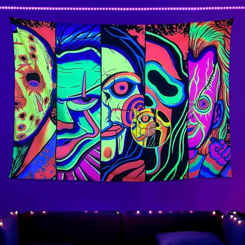 ARTCREATOR Black Light Art Halloween Wall Decor Trippy Blacklight Horror Face Tapestry, UV Reactive Tapestries Glow in The Dark Party Tapestry for Bedroom, Living Room (29" x 37")