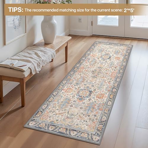 2x7 Hallway Runner Rug Non Slip, Washable Boho Tumble Cream Blue Rug