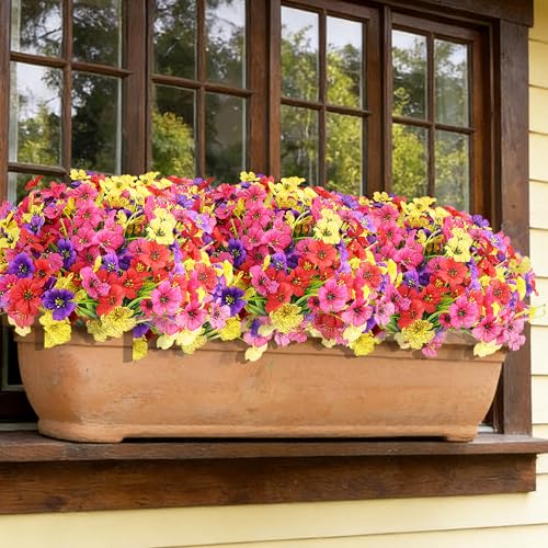 16 Bundles Colorful Artificial Flowers for Outdoors Realistic Fake Silk Flowers Faux Plants for Summer Outside Garden Porch Window Box Planters Home Farmhouse (4 Colors)