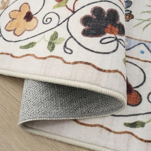 Rugcomf Round Area Rug 6ft Washable Non Slip Floral Animal Cat, Beige