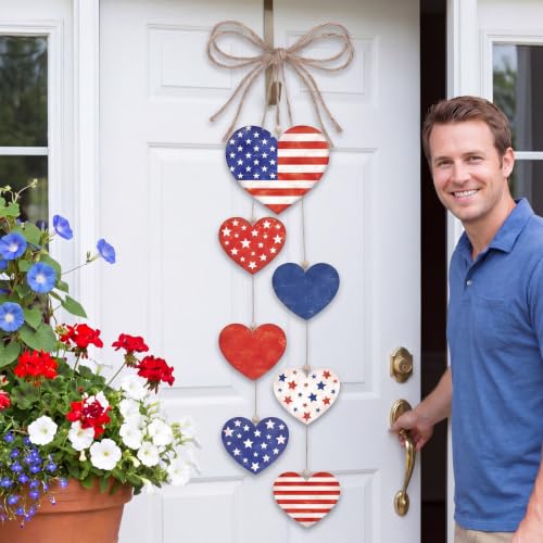 Capoda 4th of July Wood Hanging Decor Rustic Heart Patriotic Wreath Hanging Sign 250th Anniversary Independence Day Double-sided Wooden Wreaths, Labor Day Wall Decoration for Home Indoor Outdoor
