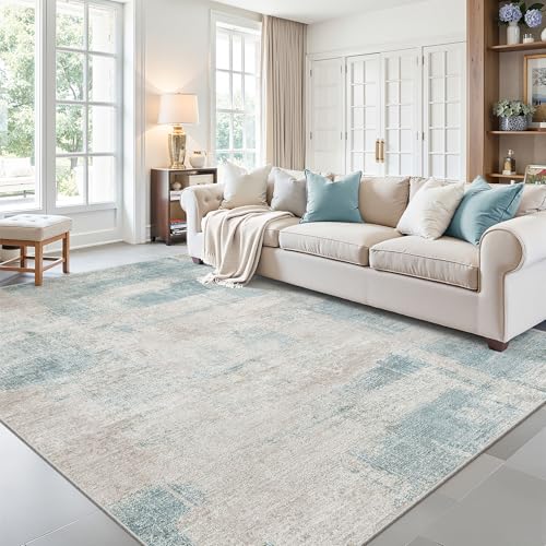 Washable Rug 8x10, Neutral Abstract Rugs for Living Room Blue