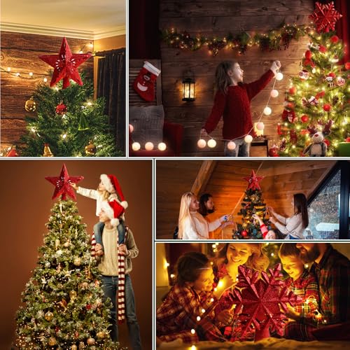 Christmas Tree Topper Lighted with 6 Projected Patterns -Snowflake Tree Topper Magic Rotating Lights -3D Glitter Dynamic Projector Xmas Tree Topper for Festive Party Decorations (Red)