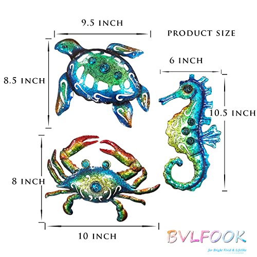 BVLFOOK Metal Sea Turtle Seahorse Crab Beach Themed Bathroom Wall Art Decor, Ocean Valentine Wall Decorations for Home Bathroom,10 Inch, Set of 3