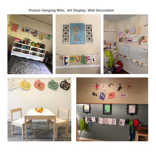 OOTSR Wall Mount Children's Art Projects Display Curtain Rod Set - Stainless Steel Photo Hanging Clothesline Window Curtain Tension Wire Multi-purpose Crafts Organizer (5 Meter)