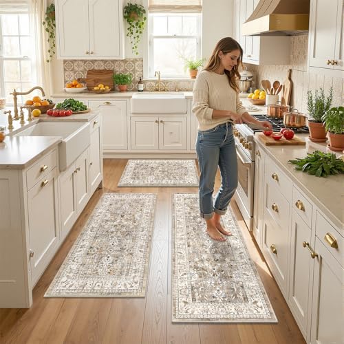 LOKHOM Washable Kitchen Rugs Sets of 3, Non Slip Floral Kitchen Mats for Floor with Rubber Backing, Boho Carpet Runner for Hallways Entryway Laundry Sink (2x3+2x4+2x5, Beige Brown)