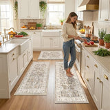 LOKHOM Washable Kitchen Rugs Sets of 3, Non Slip Floral Kitchen Mats for Floor with Rubber Backing, Boho Carpet Runner for Hallways Entryway Laundry Sink (2x3+2x4+2x5, Beige Brown)