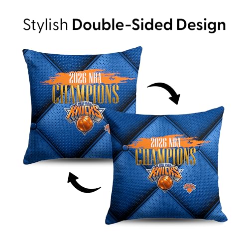 Northwest New York Knicks 2026 NBA Champions Double-Sided Printed Throw Pillow, Soft Decorative Polyester Fan Cushion, Couch Bed or Game Room Decor, 18 x 18 in