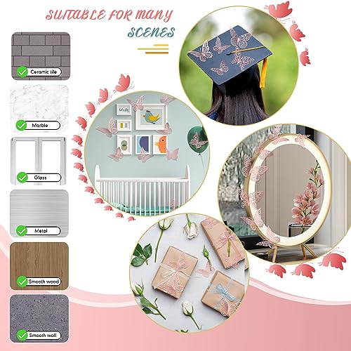 3D Pink Butterfly Wall Decor 3 Sizes 4 Styles Butterfly Party Decorations Cake Decorations Removable Stickers Wall Decor Room Mural Metallic Kids (Pink, 48Pcs)