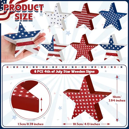 6 PCS 4th of July Wooden Signs, Red White Blue Star Patriotic Table Decor | Stable Base for Steady Standing, 4th of July Decorations, Table Shelf Tray Decor, 250th Anniversary, Memorial Day Display