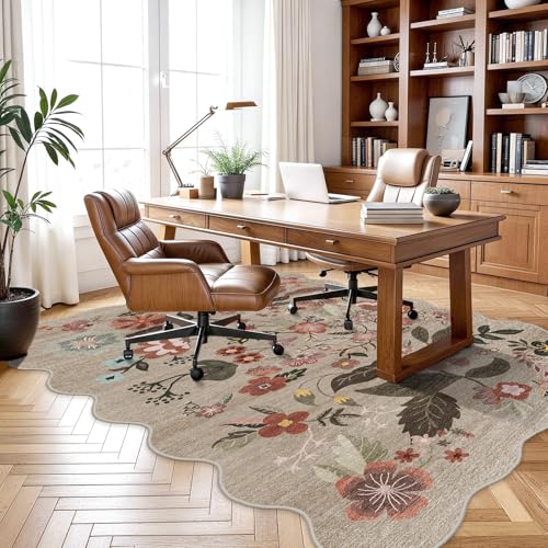 5x7 Area Rugs for Living Room: Floral Scalloped Washable Bedroom Rug Brown