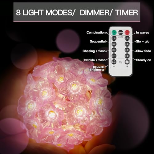 suddus Cherry Blossom Lights, 12.8 ft 40 LED Flower String Lights Battery Operated with Remote, Pink Fairy Light for Bedroom, Holiday, Party, Indoor,Christmas