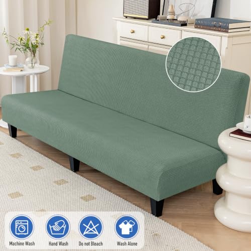 MAXIJIN Stretch Armless Futon Cover Full Size Sofa Bed Covers (67"-82") | Stretch Futon Couch Slipcovers Furniture Protector with Elastic Band,Washable Jacquard Fabric Small Checks, Pea Green