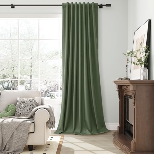 100% Blackout Olive Green Linen Curtains 84 Inch Length for Bedroom Black Out Light Blocking Curtain Thermal Insulated Room Darkening Window Drapes for Living Room Nursery 2 Panels Set 52x84 7ft