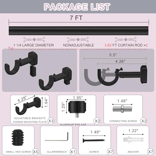 Heavy Duty Curtain Rods,1 1/4" Large Diameter Premium Nonadjustable Curtain Rod,84in/7ft Custom Window Treatment Rods with Durable Aluminum Brackets and End Caps,Black Finish