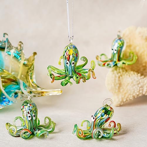 2'' Art Glass Octopus Coastal Hanging Ornament Blown Glass Sea Animal Pendant Collection for Christmas Tree & Beach Holiday Decoration