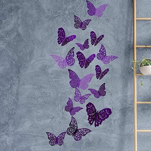 Bememo 72 Pieces 3D Butterfly Wall Decals Sticker Decal Wall Decor Art Decorative Sticker 3 Sizes for Room Offices Bedroom Bathroom Living Room Decor(Purple)