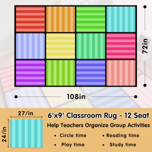 WISH TREE Color Striped Non Slip Washable 12 Seats Classroom Rug with Rubber Backing, Low Pile Kids Carpet for Preschool Kindergarten Elementary Playroom, 6x9 Feet