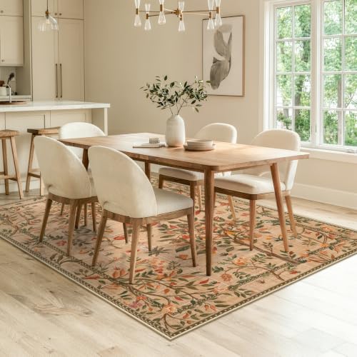 Machine Washable Area Rugs 5x7, Boho Floral Dining Room Rug Non Slip, Soft Low-Pile Flower Indoor Floor Throw Carpet for Living Room Home Office Playroom Foyer, Brown