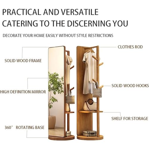 Floor-Standing Solid Wood Rotating Coat Rack，Wooden Rotating Coat Rack with Full Length Mirror Solid Clothes Hanger Stand Decorative Wall Mirror with Rotating Base Freestanding Floor Mirror