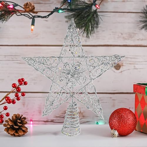 Ornativity Silver Star Tree Topper - Christmas Swirl Design Sparkle 3-D Dimensional Hallow Xmas Trees Top Star Decor Treetop Ornament Decorations