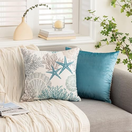 Tritard Nautical Coastal Throw Pillow Covers 18x18 Set of 2 Beach Themed Ocean Seashell Coral Starfish Velvet Couch Decorative Pillow Cases Outdoor Sofa Cushion Cover for Bedroom Living Room, Blue