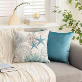 Tritard Nautical Coastal Throw Pillow Covers 18x18 Set of 2 Beach Themed Ocean Seashell Coral Starfish Velvet Couch Decorative Pillow Cases Outdoor Sofa Cushion Cover for Bedroom Living Room, Blue