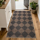 Checkered Print Entry Rug 3x5, Non Slip Washable Kitchen Rug 3x5 Stain Resistant Ultra Thin Bathroom Decor, Neutral Geometric Carpet for Bedroom Living Room Office (Brown/Black)