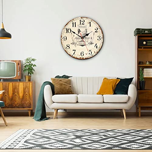 Rustic Wall Clock French Country Vintage 14 Inch Battery Operated Silent Non-Ticking Wooden Wall Clocks Retro Arabic Numerals Animal Hen Style (Gourmet Kitchen)
