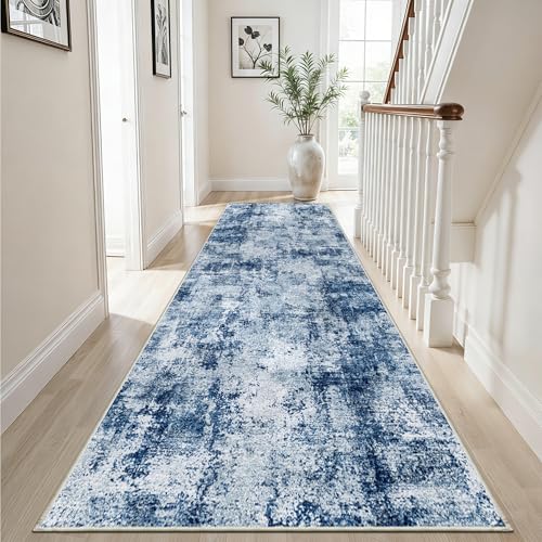 Hallway Runner Rug 2x8 Washable: Entryway Runners Rugs Non Slip Easy-to-Clean - Soft Living Room Bedroom Carpet - Thin Low Pile Printed Floor Mat for Dining Room Blue