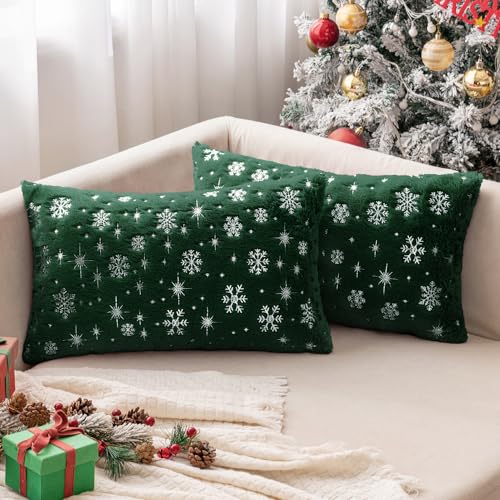 MIULEE Christmas Decorations Pillow Covers 12x20 Green Silver Snowflake