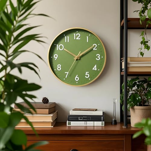 Mosewa Wall Clock 8 Inch, Battery Operated Silent Non-Ticking Modern Analog Clock Decorative for Kitchen, Bedroom, Office(Olive Green and Gold)