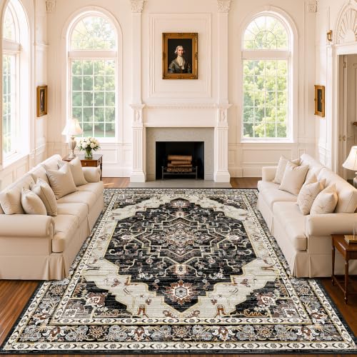 8x10 Washable Area Rug for Living Room, Black Rusty Red
