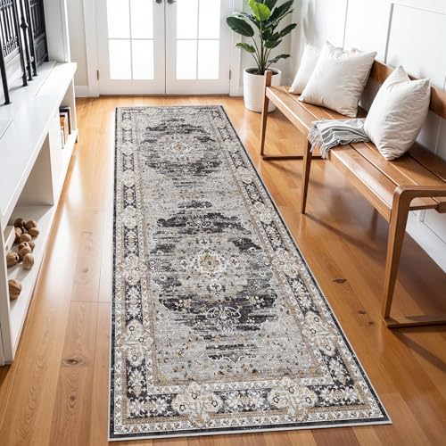 3x8 Washable Hallway Runner Rug - Non-Slip Vintage Kitchen Rugs Black Gray