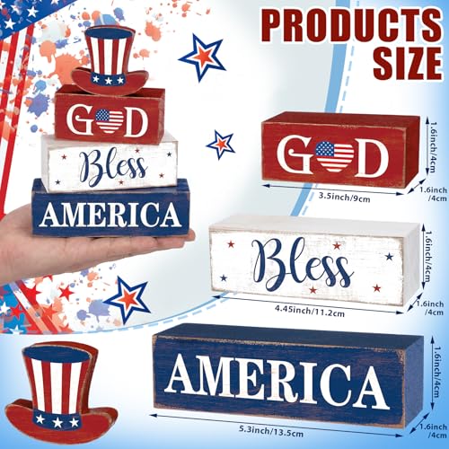 Moucuny 4 Pcs 4th of July Decorations Patriotic Memorial Day Table Decorations God Bless America Red White Blue Table Centerpieces Sign for Office Home Shelf 250th Anniversary