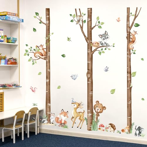 decalmile Large Birch Tree Forest Animals Wall Stickers Bear Rabbit Fox Deer Wall Decals Baby Nursery Toddler Bedroom Living Room Wall Decor(H: 63inches/ 160cm)