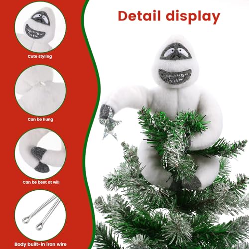 Christmas Tree Topper Abominable Snow Monster Ornament, Poseable Handmade Abominable Chimpanzees Hugger with Star, Can be Hung Snowman Tree Topper Xmas Decorations (White)