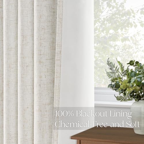 Topfinel Pinch Pleated Curtains 96 Inch Long, 100% Blackout Thermal Insulated Natural Linen Pinch Pleat Viral Drapes with Hooks Rings 2 Panel Sets, Neutral Beige Ivory 8FT Back Tab Window Curtains