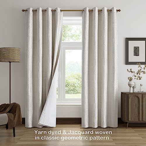 Beige and Silvery 100% Blackout Jacquard Geometric Pattern Curtains,52 Inch Wide 84 Inches Long 2 Panels, Thermal Insulated Noise Reducing Anti-Rust Grommet Drapes for Bedroom Living Room, Cream