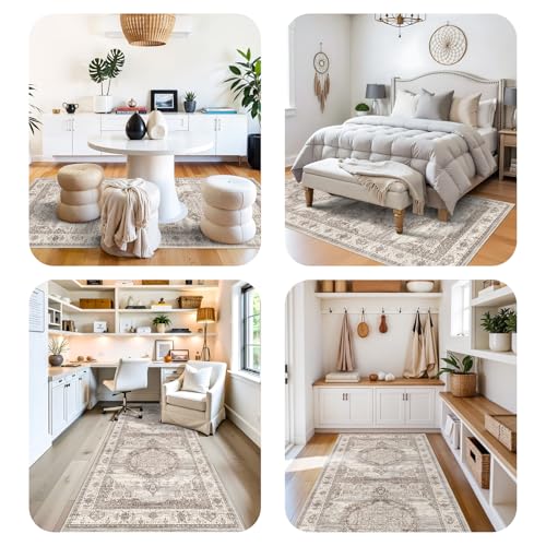 HAOYUNLAI Washable 4x10 Living Room Area Rug Beige Low‑Pile Bedroom Carpet