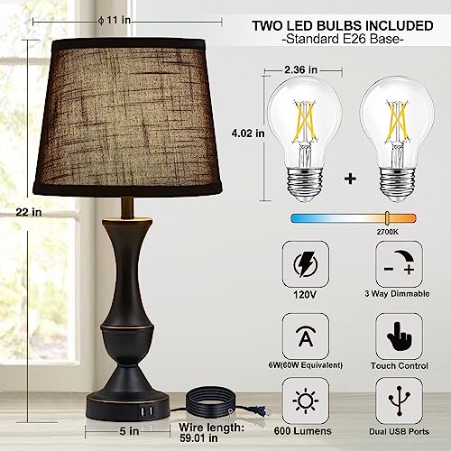 Black Touch Table Lamps Set of 2, 22" Tall Bedside Lamps with USB C+A Charging Ports, Nightstand Lamps for for Bedroom, Living Room, Office, with Black Lampshade, LED Bulb Included